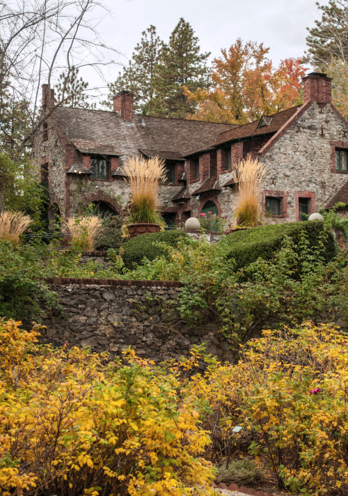 Historic buildings and gardens at the Empire Mine State Historic Park in Grass Valley, California.