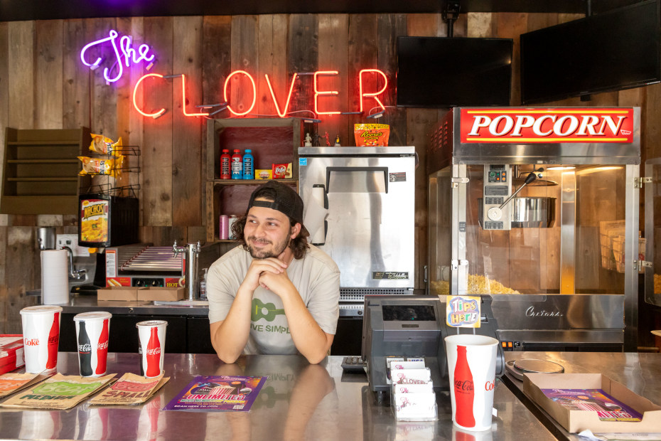 Anthony Martensen takes tickets and runs the concession at The Clover Theater in Cloverdale, CA.