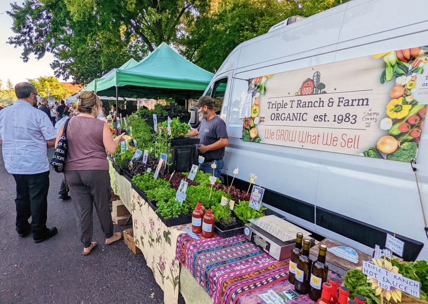 People browse the booths at the Tuesday night farmers' market on Sonoma Plaza in California.