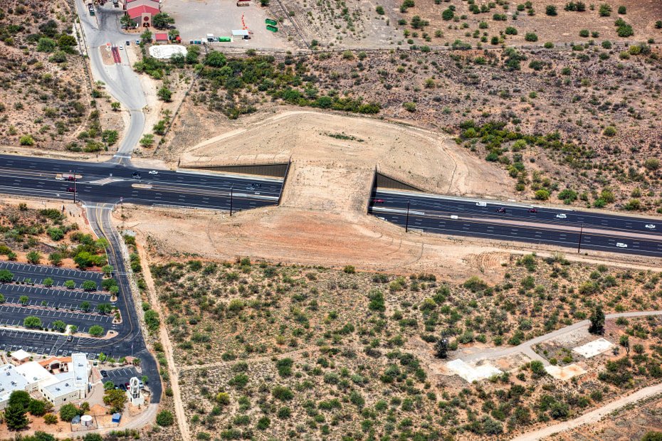 Aerial view of the Wildlife Bridge that spans State Route 77 near Tucson, Arizona.