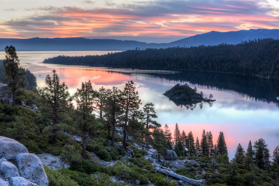 Sunrise over Emerald Bay and Eagle Point off Lake Tahoe in California.