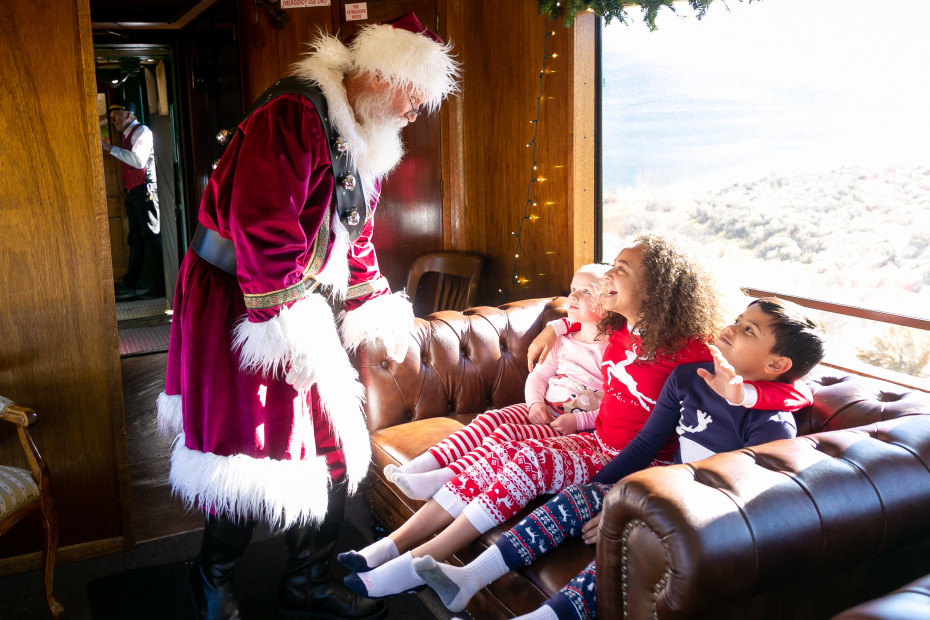 Santa greets guests aboard the Heber Valley Railroad’s North Pole Express in Utah.