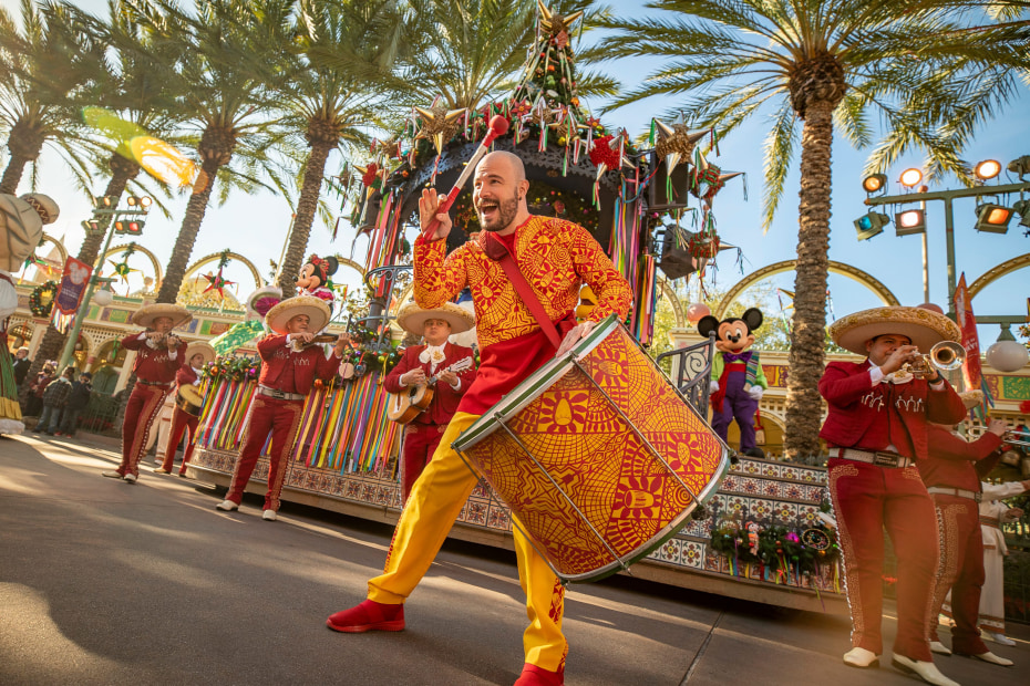 A drummer performs in Disney ¡Viva Navidad! at Disney California Adventure Park. 