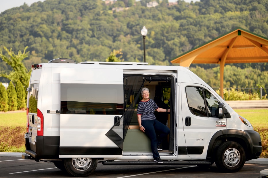 Mary Halter in her Dodge Ram ProMaster RV.