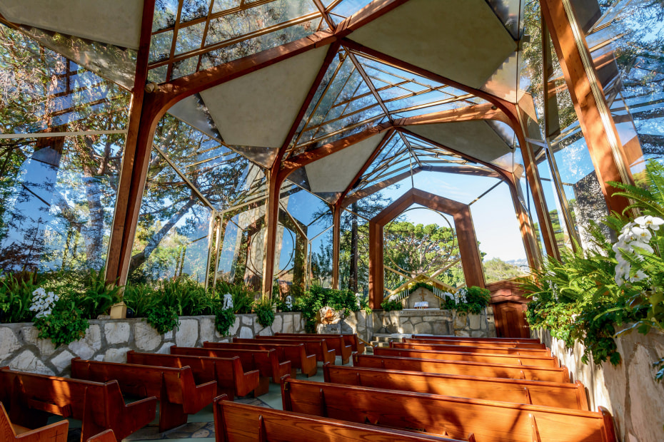 Wayfarers Chapel interior on a bright sunny afternoon in the west coast city of Rancho Palos Verdes