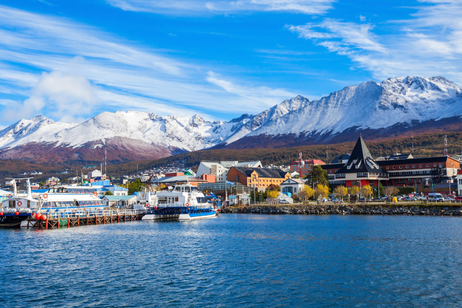 The view of the harbor in Ushuaia, Argentina from the water.