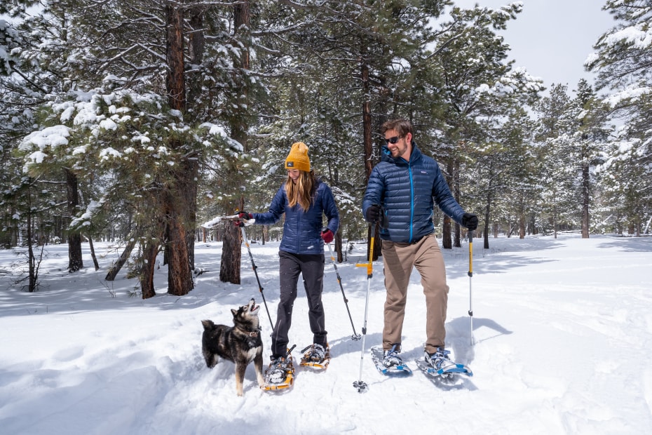 A couple and their dog snowshoe at Arizona Nordic Village near Flagstaff, Arizona.
