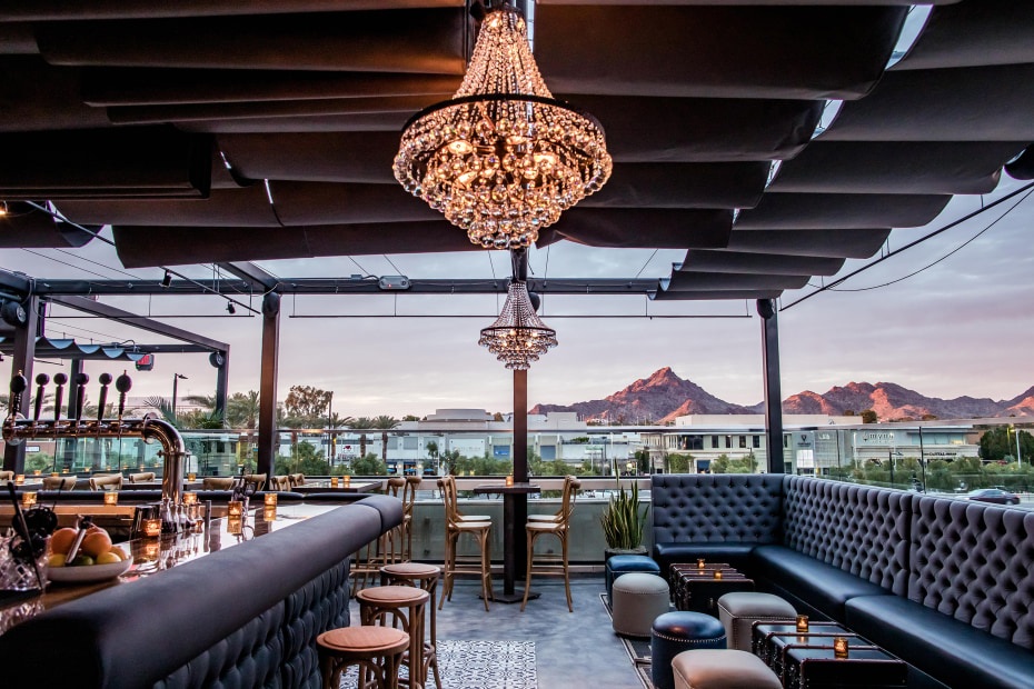 The roof-top seating at Upstairs at Flint in Phoenix, Arizona.