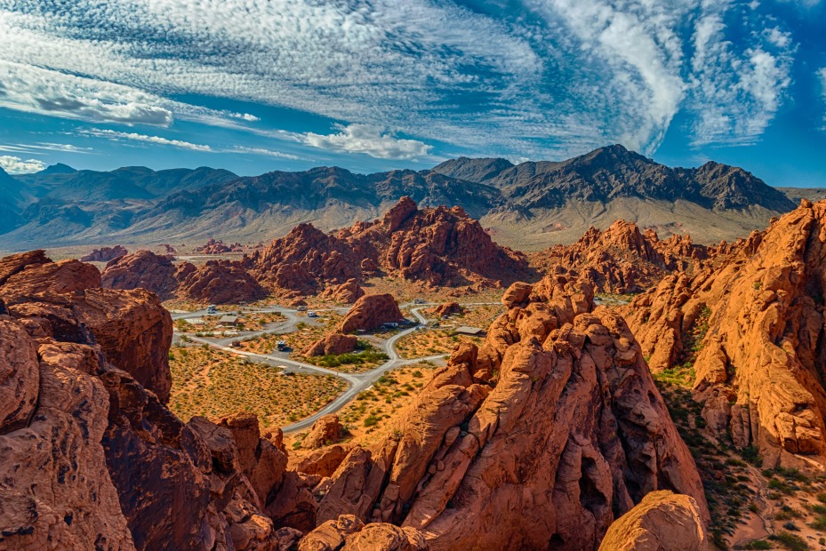 Red rocks surround Atlatl Rock Campground in Valley of Fire State Park, Nevada.