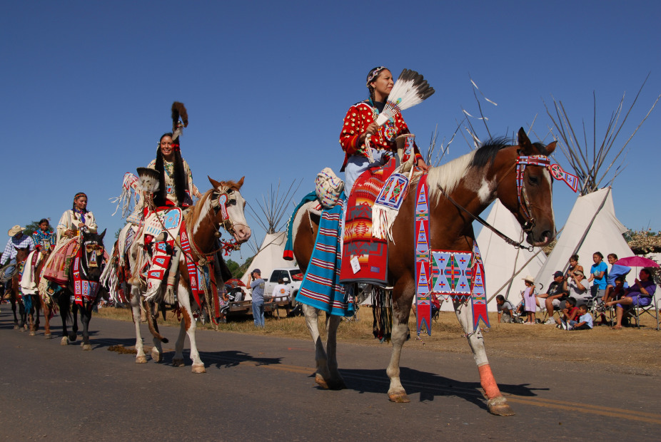 Riders in the parade during the Crow Fair at the Crow Indian Reservation.