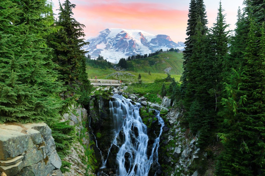Myrtle Falls and Mt. Rainier at sunrise in the Paradise area of the park.