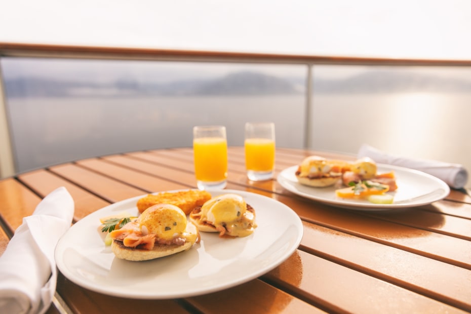 Breakfast served on a balcony on a cruise ship.