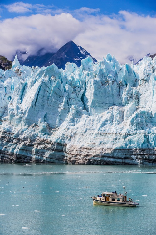 A sightseeing ship cruises in front of Margerie Glacier in Glacier Bay National Park.