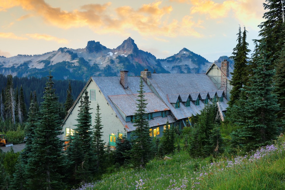 Sunrise over Paradise Inn at Mt. Rainier National Park with the wildflowers in bloom.