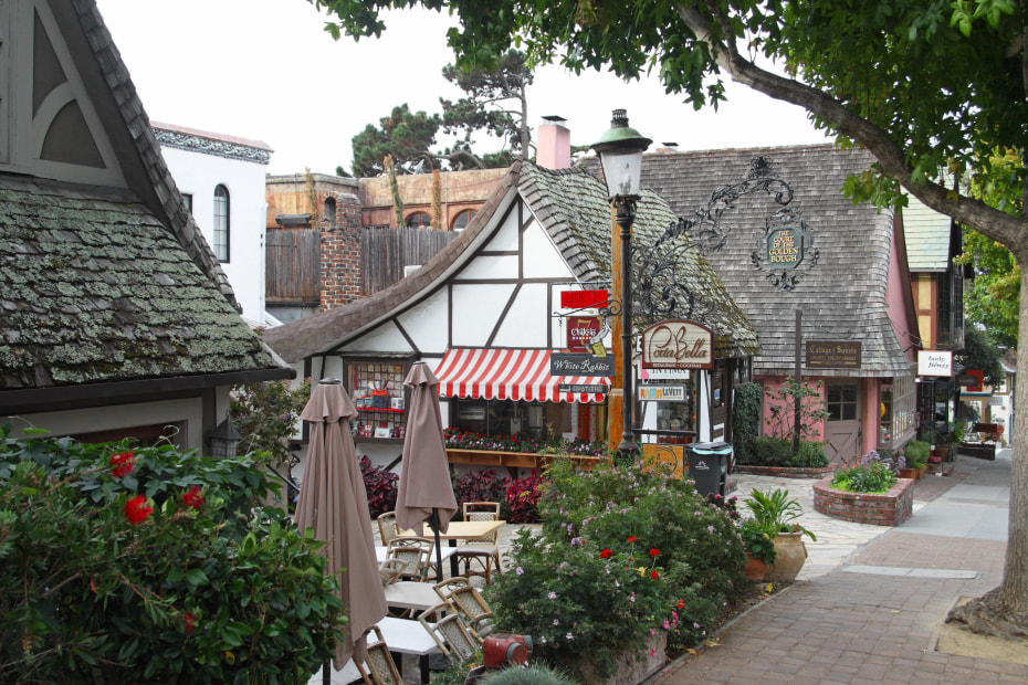Storybook buildings that house Cottage of Sweets and the Court of the Golden Bough on Ocean Avenue in Carmel-by-the-Sea.