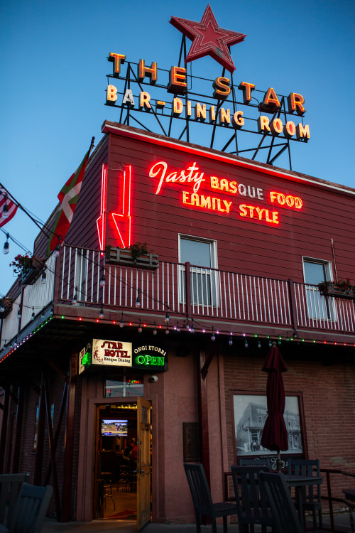 Neon signs lit up at dusk at Star Hotel in Elko, Nevada.