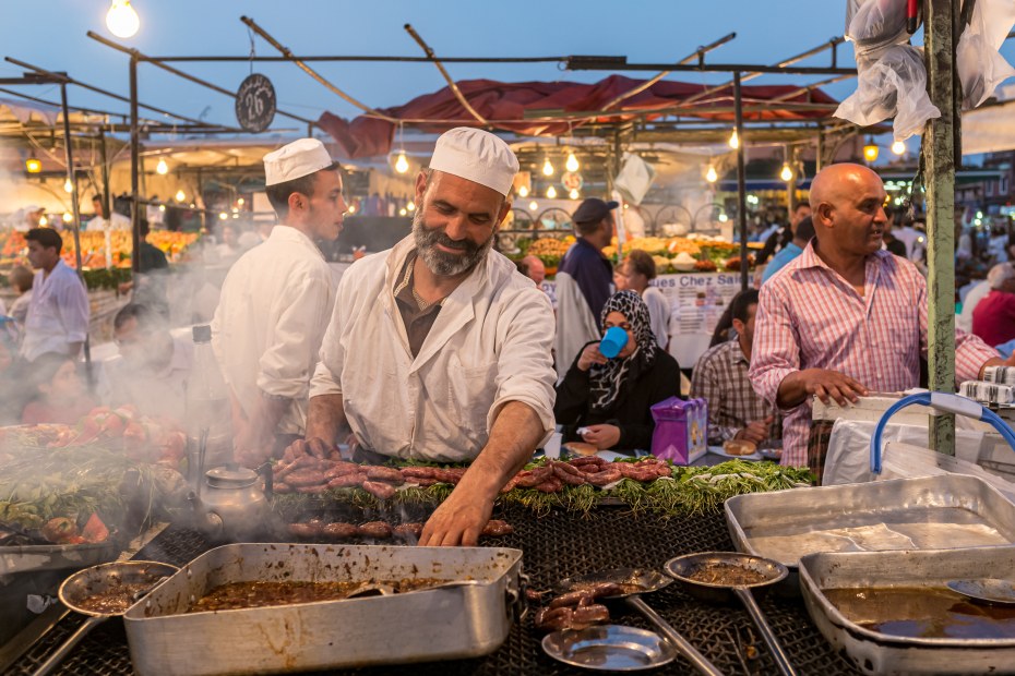 Food stall in Jemaa el-Fnaa in the main square of Marrakesh, Morocco.