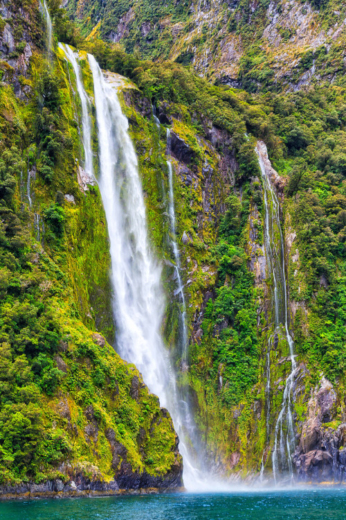 Stirling Falls pour into the deep teal waters of Milford Sound, New Zealand.