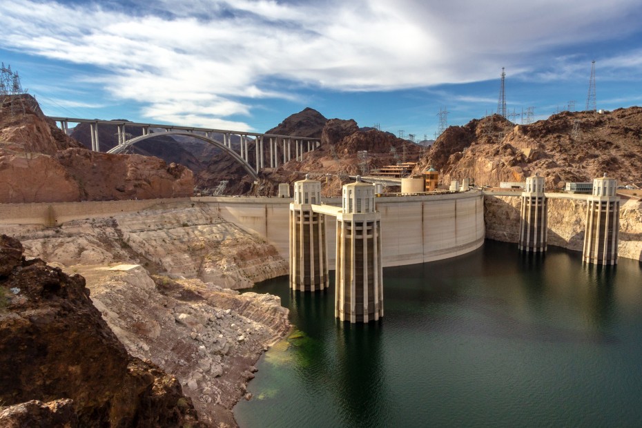 Hoover Dam bypass and Colorado River seen from the Kingman Wash Access Road.