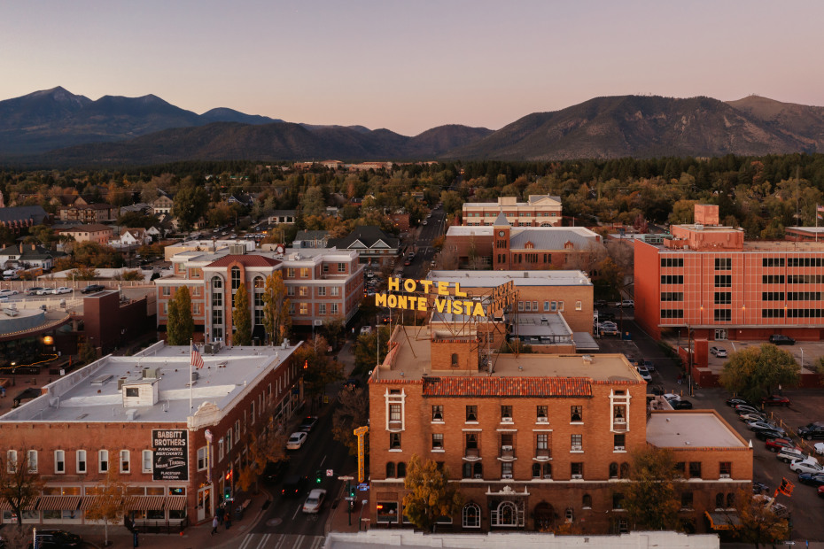 An aerial view of Hotel Monte Vista in Flagstaff's historic downtown.