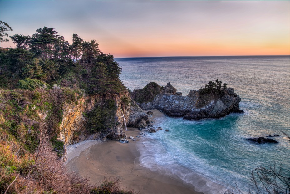 Sunset over McWay Falls in Julia Pfeiffer Burns State Park near Big Sur, California.