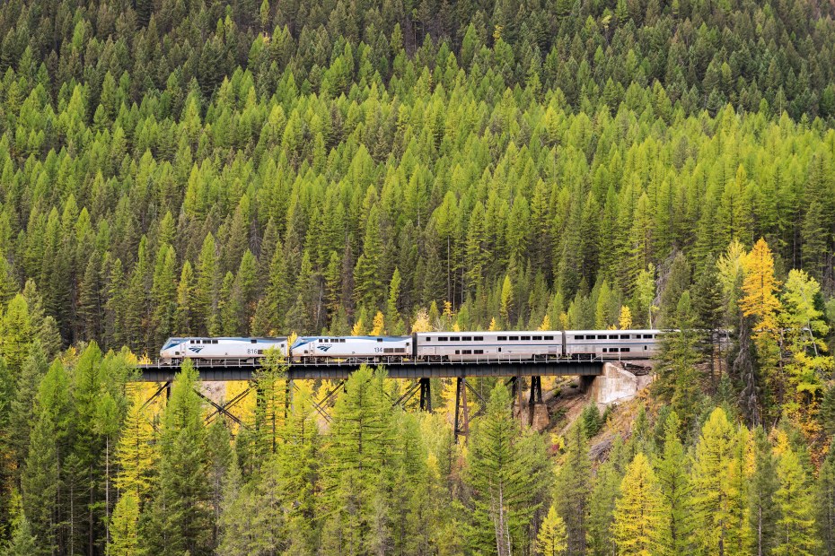 Amtrak's Empire Builder train crossing the Goat Lick Trestle over Sheep Creek near Essex, Montana.