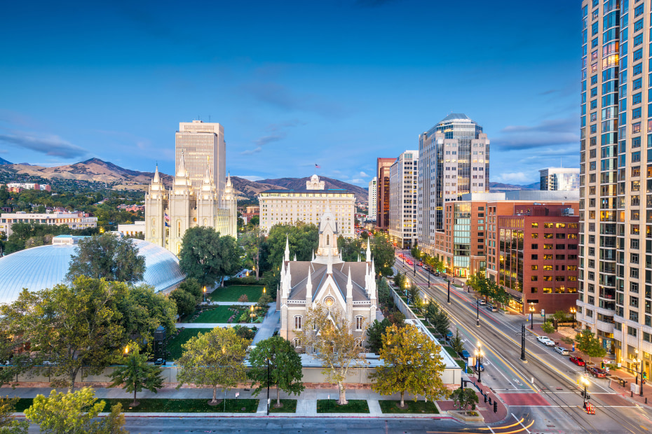 Temple Square in Salt Lake City, Utah, at dusk.