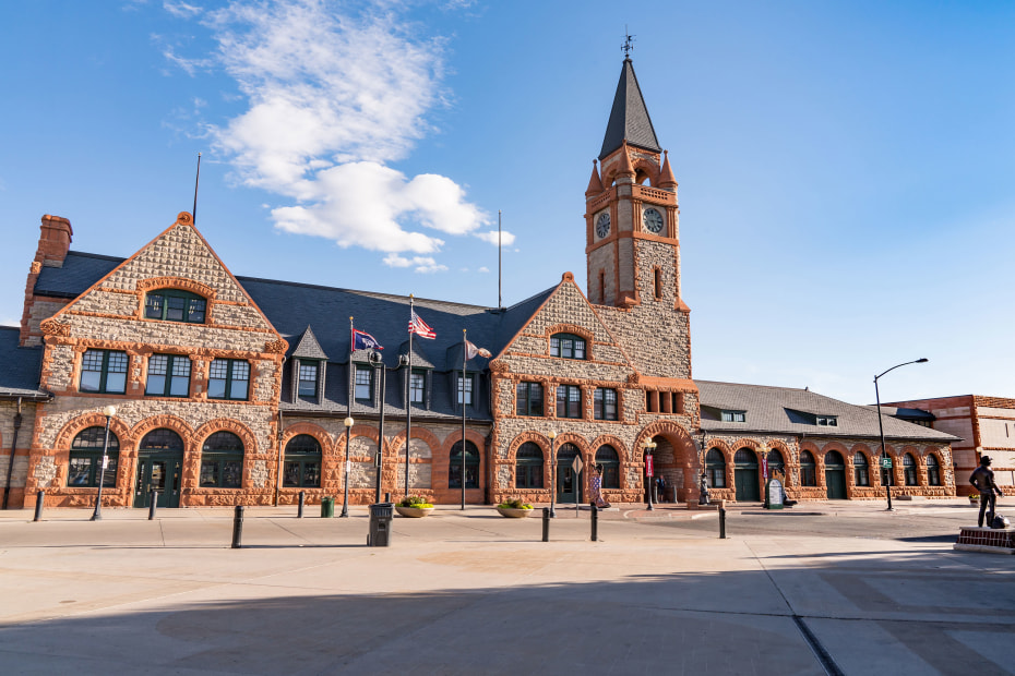 Exterior of the Union Pacific Railroad Depot in Cheyenne, Wyoming.