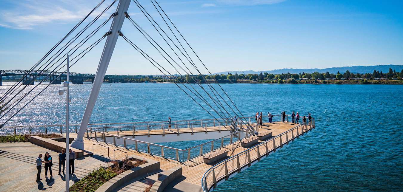 Grant Street Pier juts out over the Columbia River in Vancouver, Washington