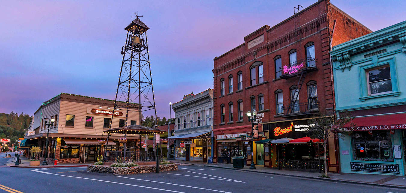 Downtown Placerville, California at dusk.