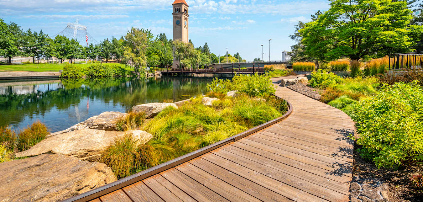 A river walk with views of Spokane's clock tower. 