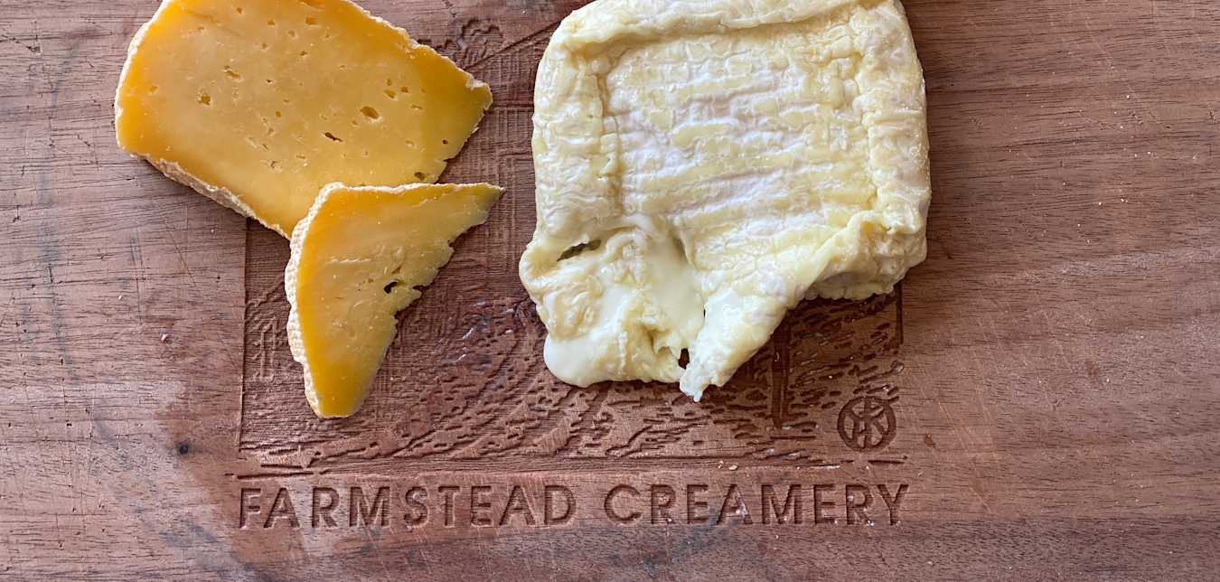 Two types of cheese with a sliced baguette on a cheeseboard from Toluma Farms.