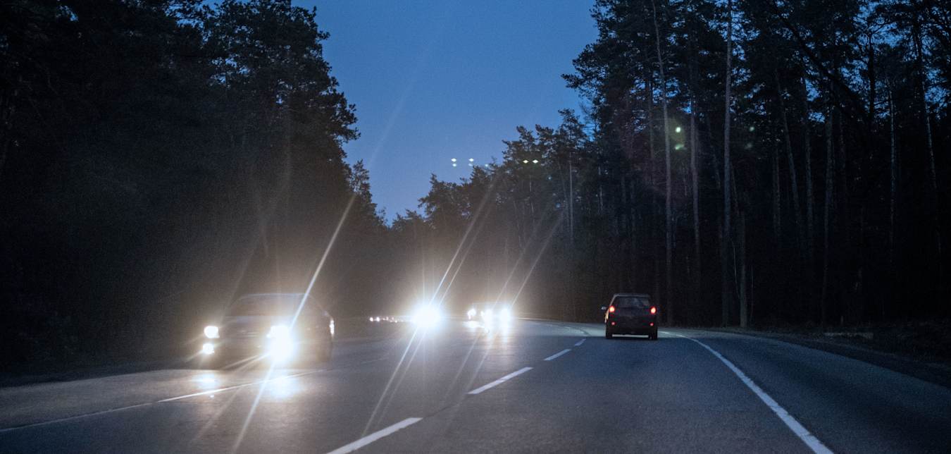 Headlights create glare on a forest highway at night.