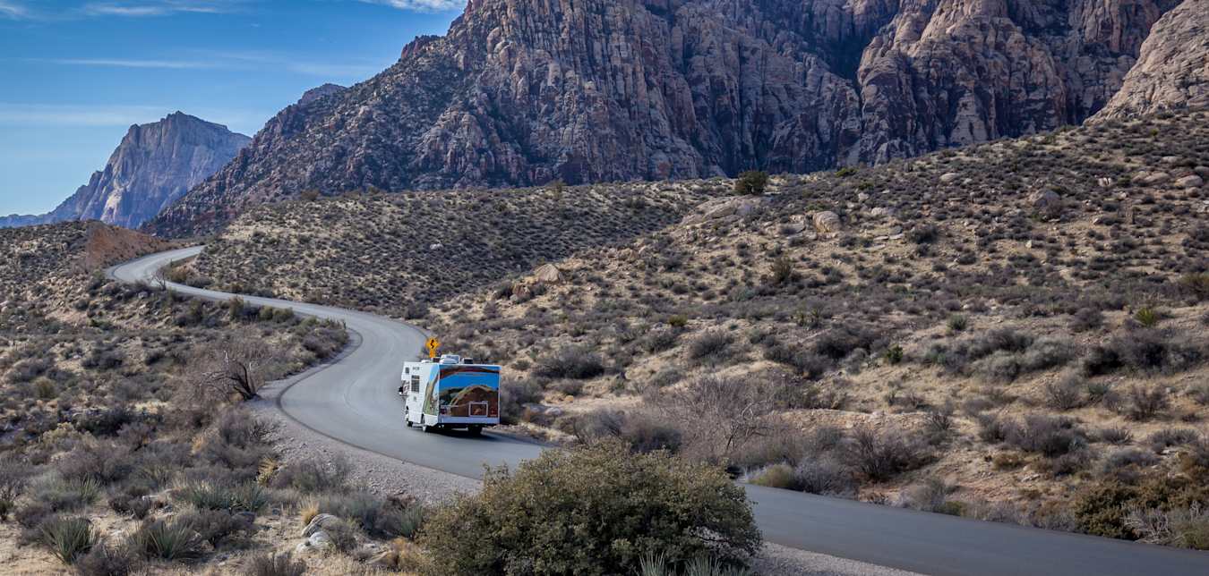 A family drive an RV into Red Rock Canyon National Conservation Area.