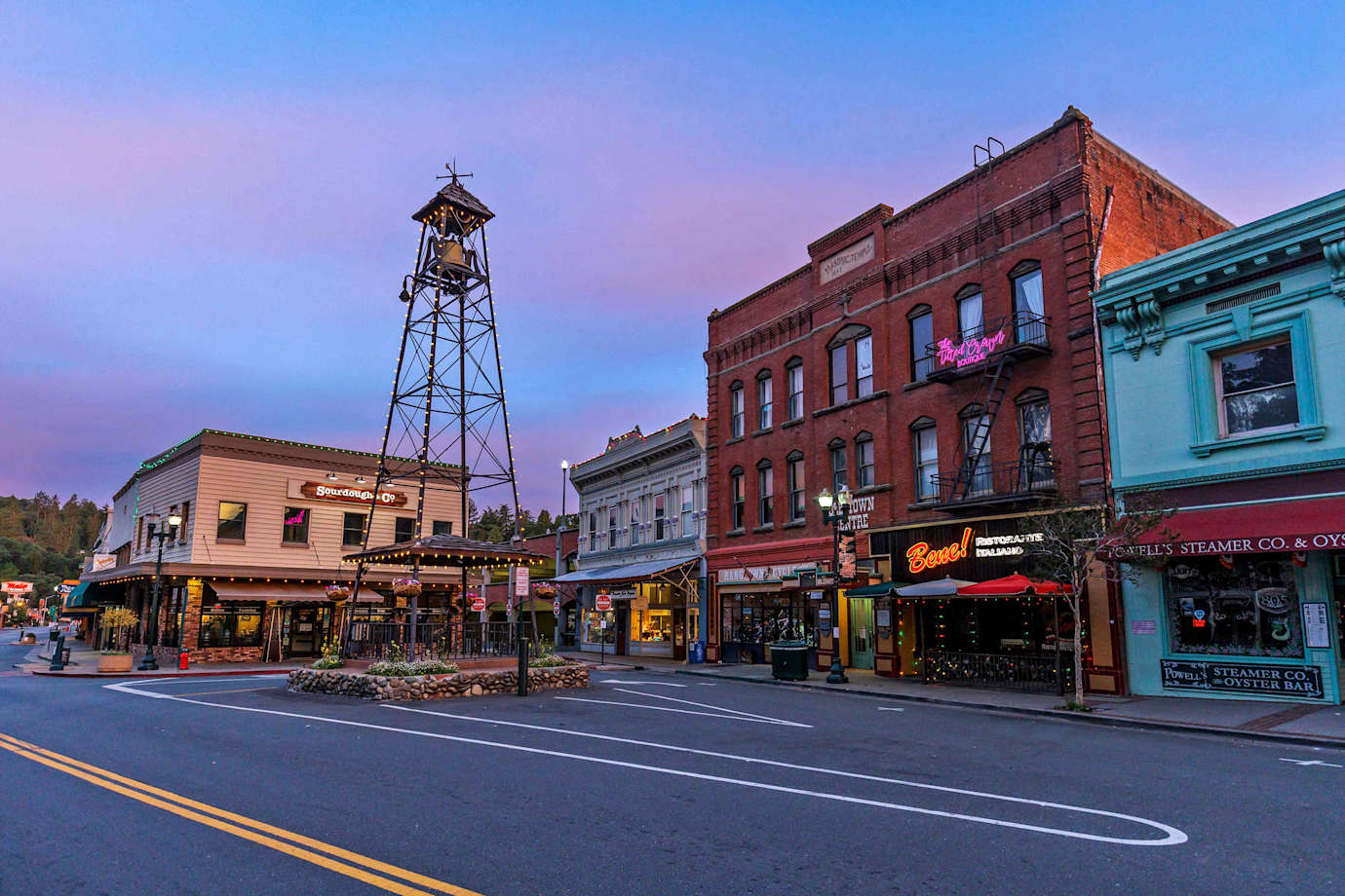 Downtown Placerville, California at dusk.