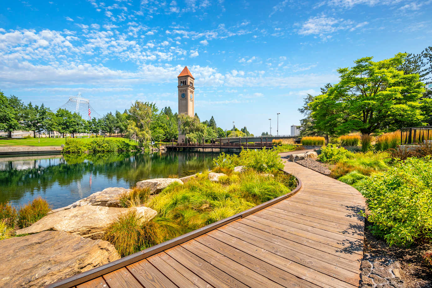 A river walk with views of Spokane's clock tower. 