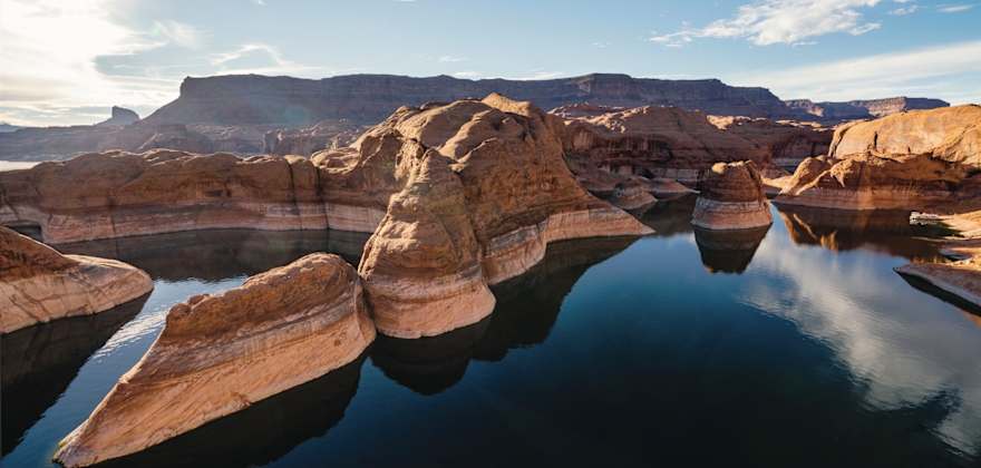 view of the unique rock formations in Lake Powell, Utah