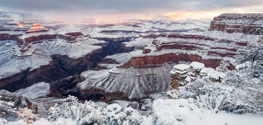 South Rim sunrise panorama with snow from Pima Point at Grand Canyon National Park, Arizona