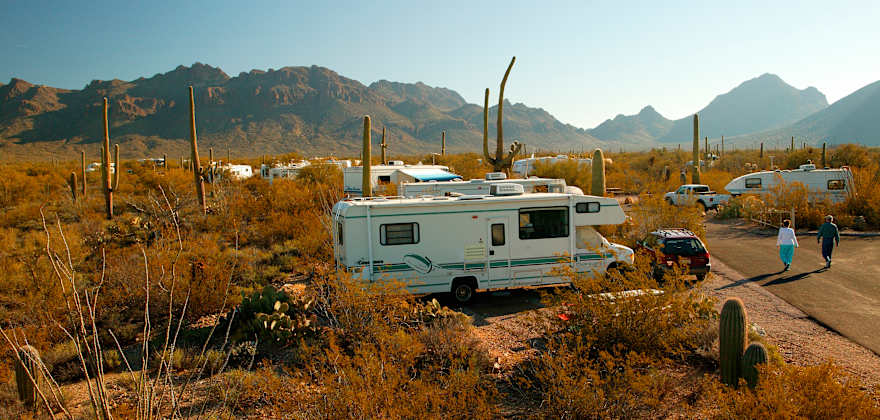 An RV parked at a campsite at Gilbert Ray Campground in Tucson Mountain Park.