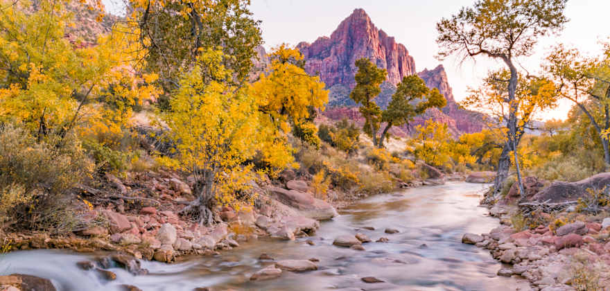Sunset at Watchman peak along the Virgin river in Zion National Park, Utah