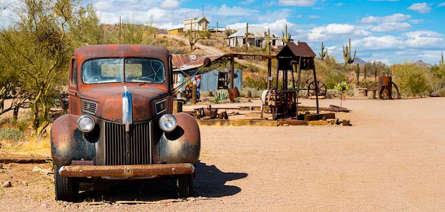 A rusted car in Vulture City ghost town in Maricopa County, Arizona.
