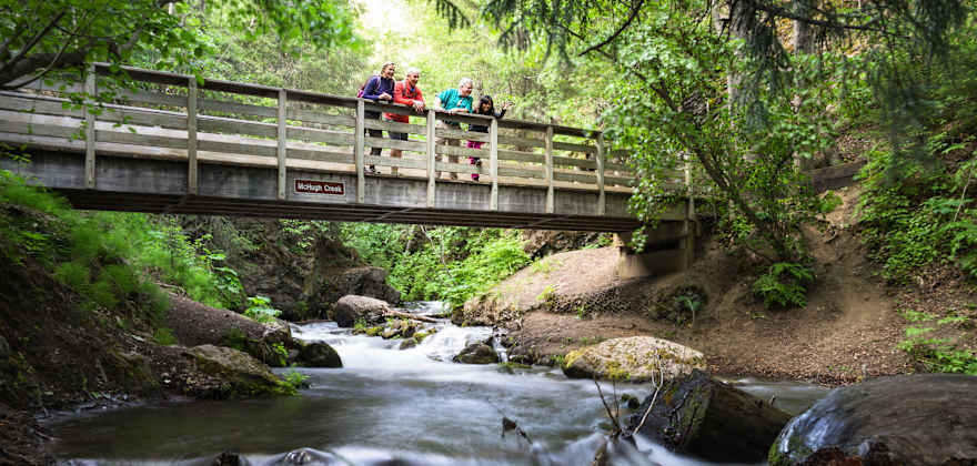 Hikers take in the views from McHugh Creek Bridge near Alaska's Turnagain Arm.