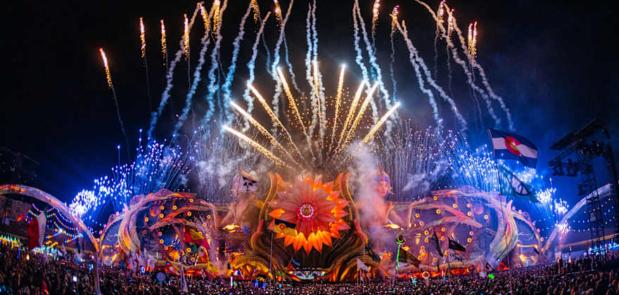 Pyrotechnics at the colorful kineticFIELD stage at Electric Daisy Carnival.