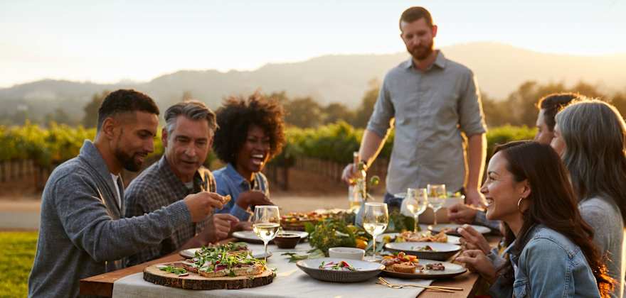 People dine outside at the Farm-to-Table Dinner at Kendall-Jackson in Fulton, California.