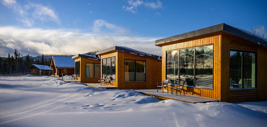 Snow-covered grounds of the Northern Lights Resort & Spa in Yukon, Canada.