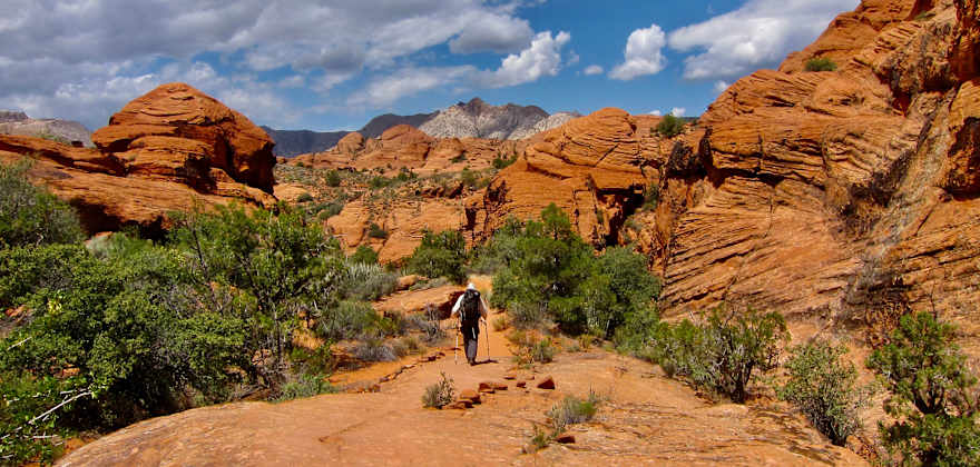 A hiker approaches unique orange-hued hills in the desert.