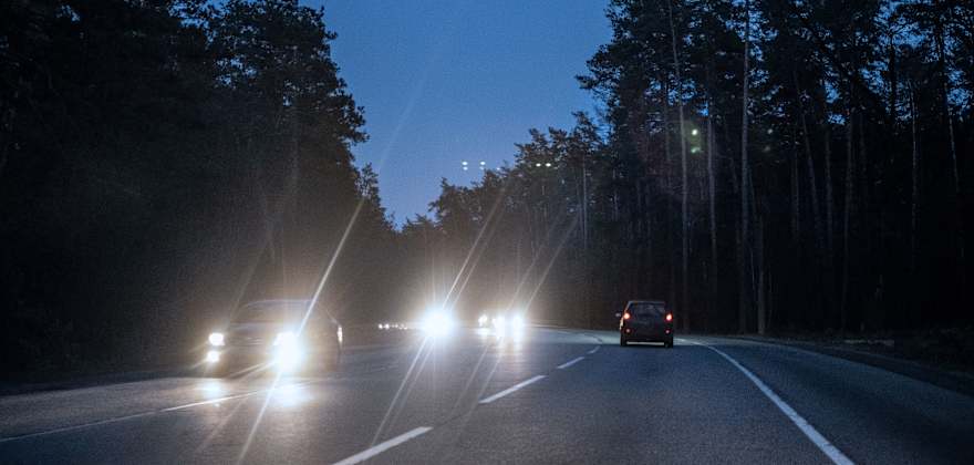 Headlights create glare on a forest highway at night. 