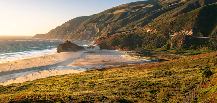 Big Sur river flowing out into the Pacific Ocean at Andrew Molera State Park in Big Sur, California.