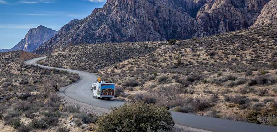 A family drive an RV into Red Rock Canyon National Conservation Area.