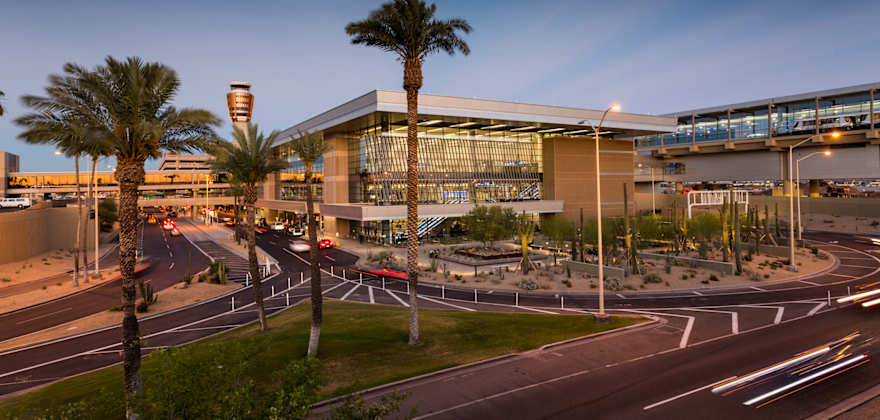 Phoenix Sky Harbor International Airport Terminal exterior at dusk.